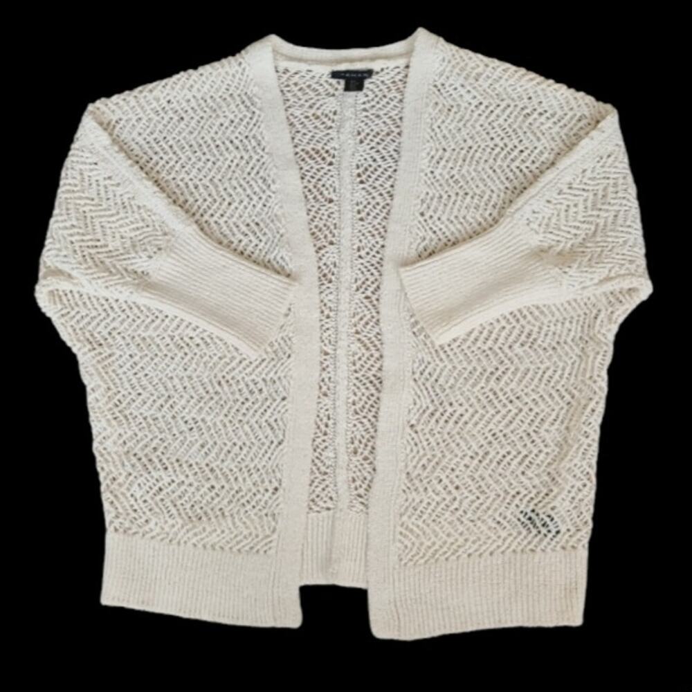 Tahari Cream Open Knit Cotton Cardigan M Coastal Grandmother Resort Travel EUC